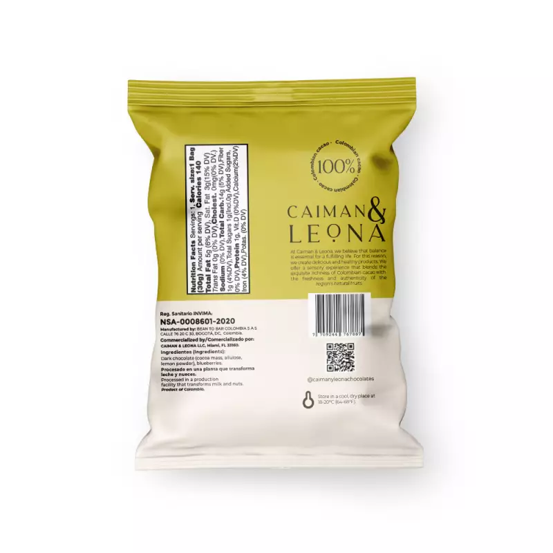 Caiman & Leona | Lemon-dusted chocolate-coated blueberries | 1.05 oz E