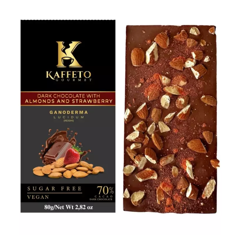 Kaffeto Gourmet | Dark chocolate bar with Almonds strawberries and reishi | Organic Vegan E.