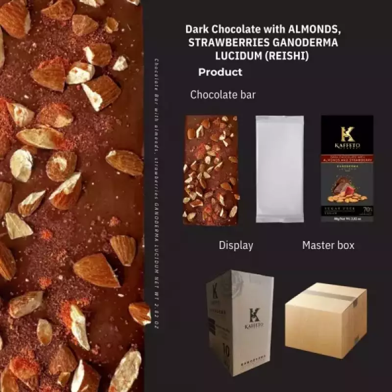 Kaffeto Gourmet | Dark chocolate bar with Almonds strawberries and reishi | Organic Vegan E.