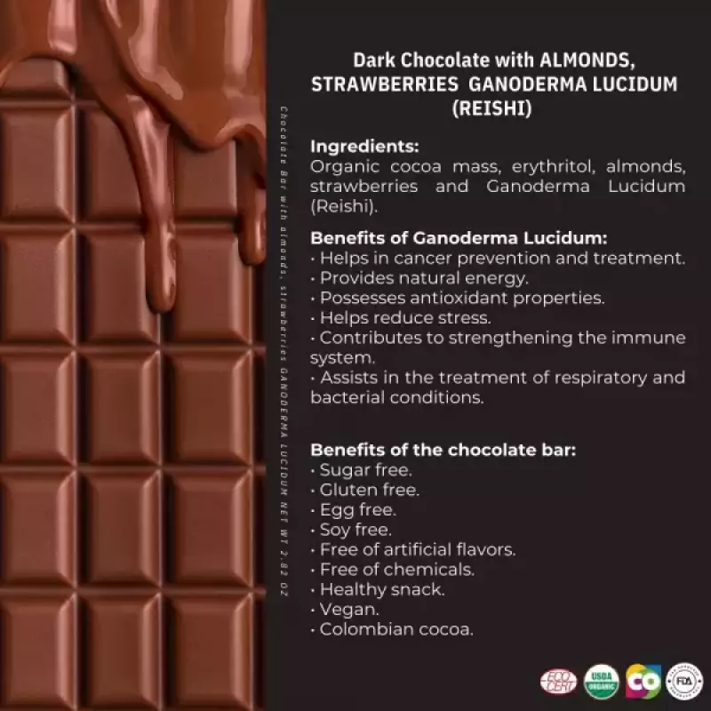Kaffeto Gourmet | Dark chocolate bar with Almonds strawberries and reishi | Organic Vegan E.