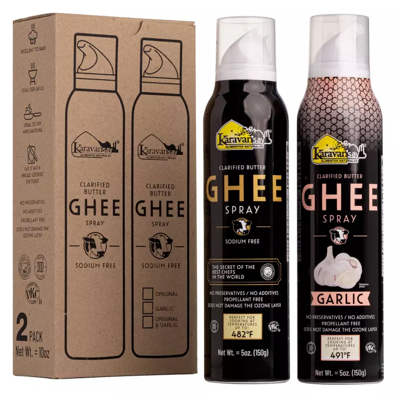 Karavansay Alimentos Naturales | Ghee spray | Pack of 2 Aluminium bottle x 10 oz E.