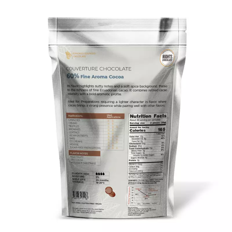 Rights Chocolate | 60% Dark Chocolate Coverture Sweetened with Maltitol and Stevia | 35,27 oz E