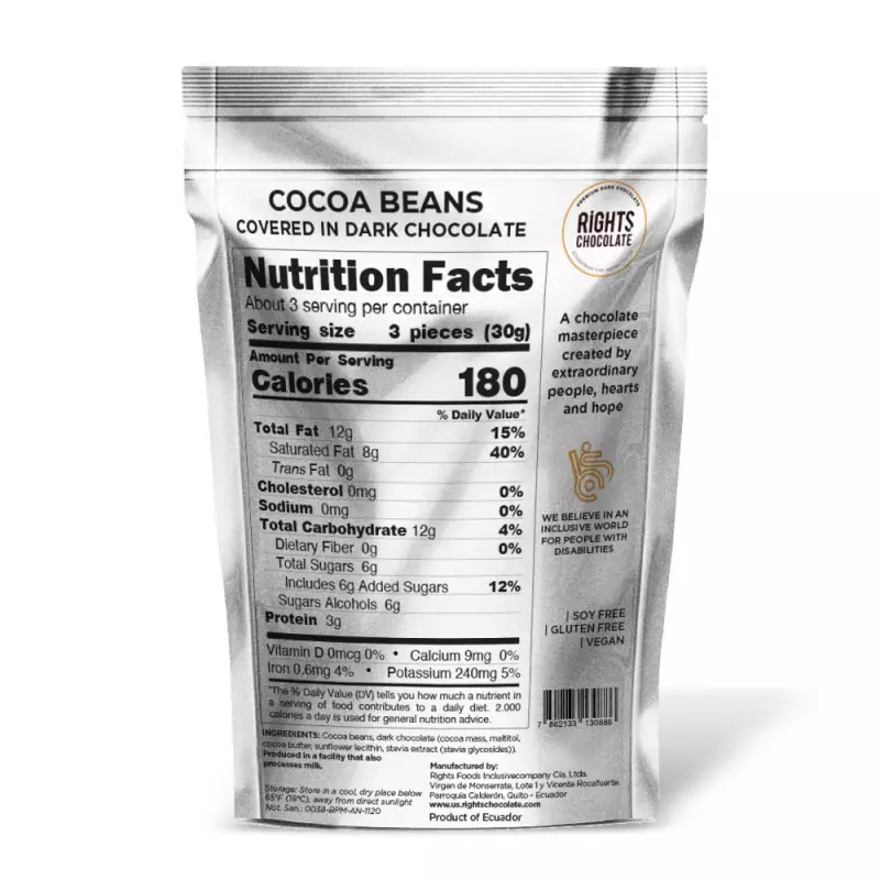Rights Chocolate | Cocoa beans covered in dark chocolate no sugar added | 3,52 oz E
