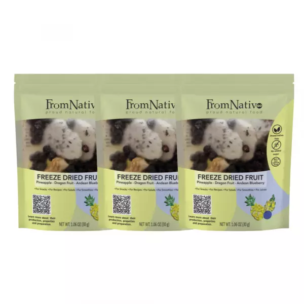 FromNativoGo | Freeze Dried Fruit Snack: Pineapple, DragonFruit, Andean Blueberry | 3Pack | 3.05OzE