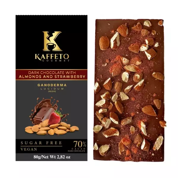 Kaffeto Gourmet | Dark chocolate bar with Almonds strawberries and reishi | Organic Vegan E.