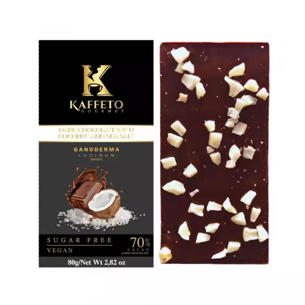 Kaffeto Gourmet | Dark Chocolate Bar with coconut and sea salt and Reishi | Organic Vegan E.