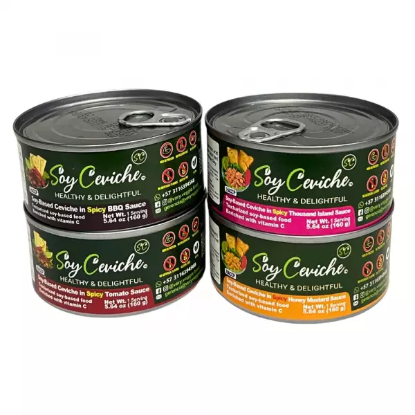 Soy Ceviche 4-Pack – All Spicy: Tomato, Thousand Island, BBQ, Honey Mustard – 5.64oz – Vegan E